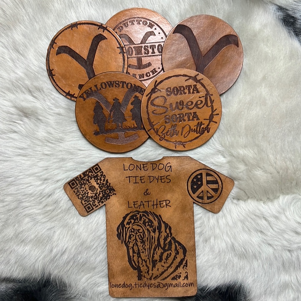 HAND CRAFTED Mixed Set of Yellowstone Dutton Ranch Inspired Leather Coasters (5)